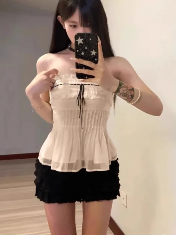 

Pure Desire Lace Trim Tube Top Sexy White Knot Tie Inner Wear Wrap Chest Women Summer Large Size Vest Tops
