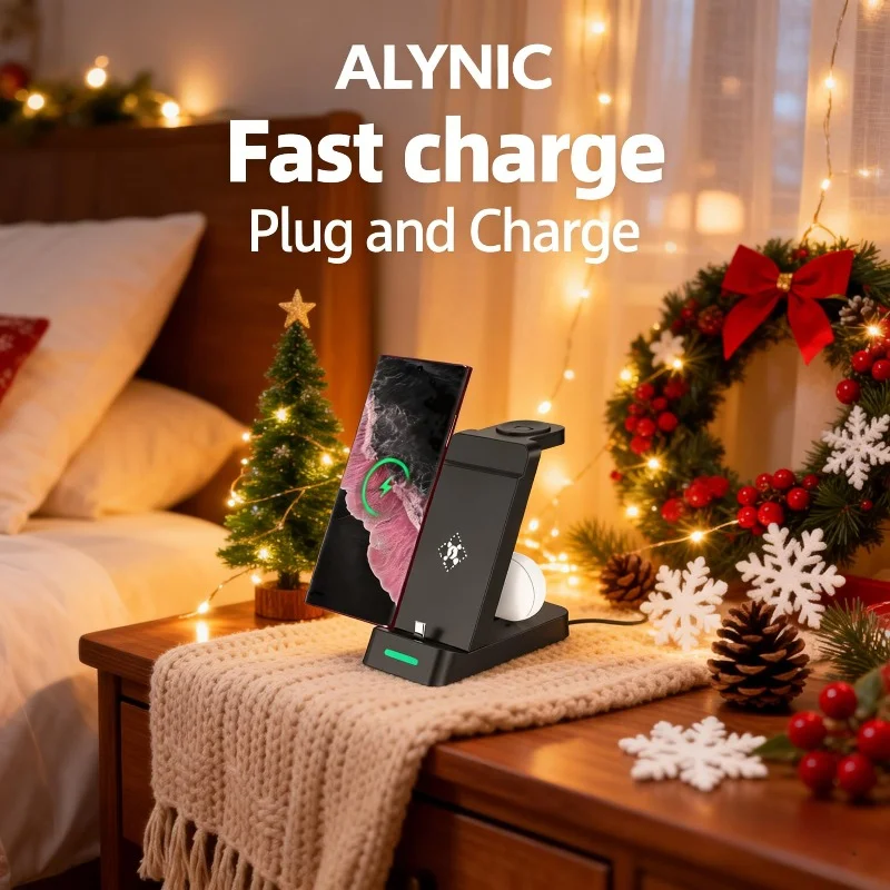 

Беспроводная зарядная станция 3-в-1 для быстрой зарядки — для iPhone 17-12/X, Apple Watch, AirPods, Samsung Galaxy S25/S23/S22