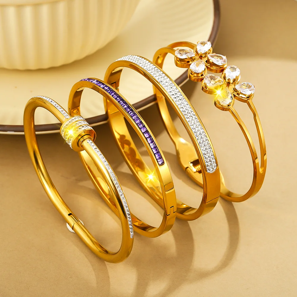 

Multi Style Stacked Stainless Steel Bracelet Bangle Set for Women, Zircon Gold Color Waterproof Jewelry, Perfect Holiday Gift