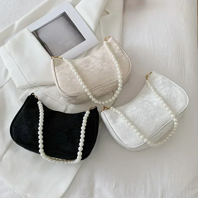 

Minimalist Pleated Underarm Bag For Women French Retro Pearl Chain Single Shoulder Crossbody Bag Fashionable French Stick Bag