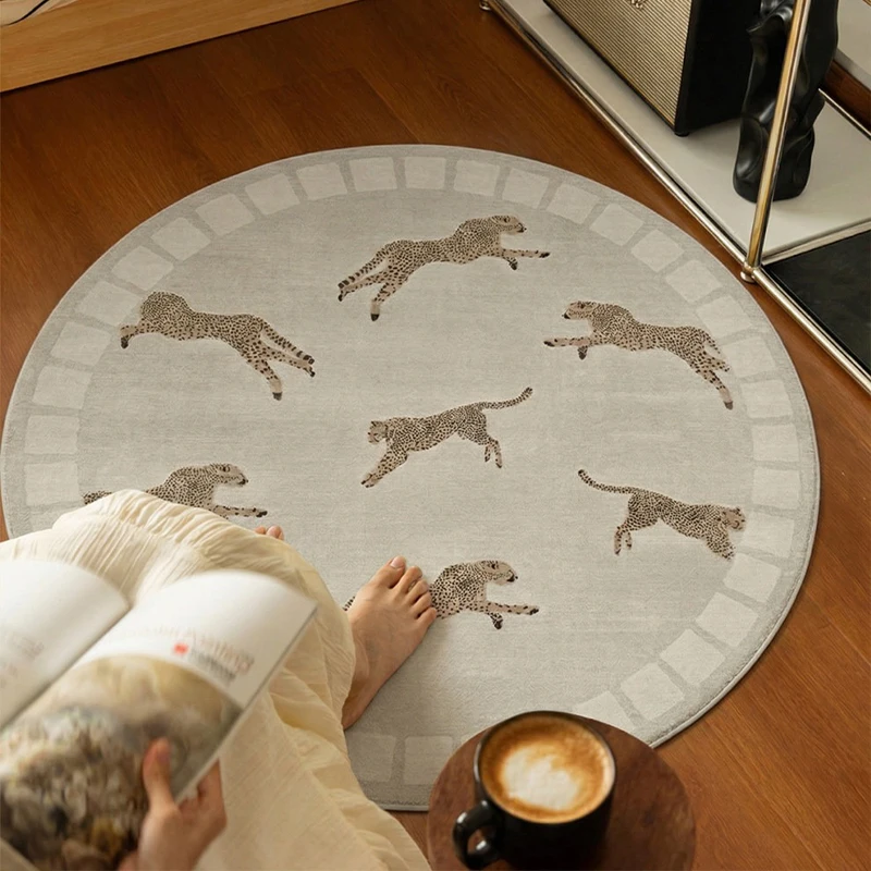 Round Living Room Carpet Large Size Soft Comfortable Floot Mat Non-slip Machine Washable Retro Style Green Leopard Pattern Rug