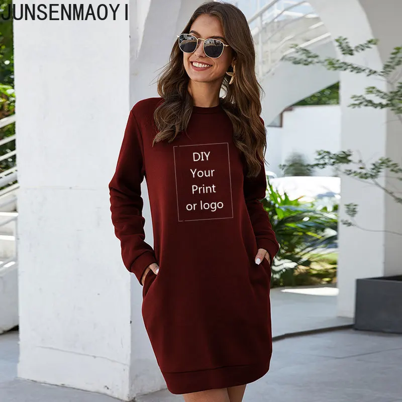 Customized Print DIY Your like Photo or Logo Autumn Winter O Neck Long Sleeve Women Sweatshirt Fashion Pocket Ladies Mini Dress