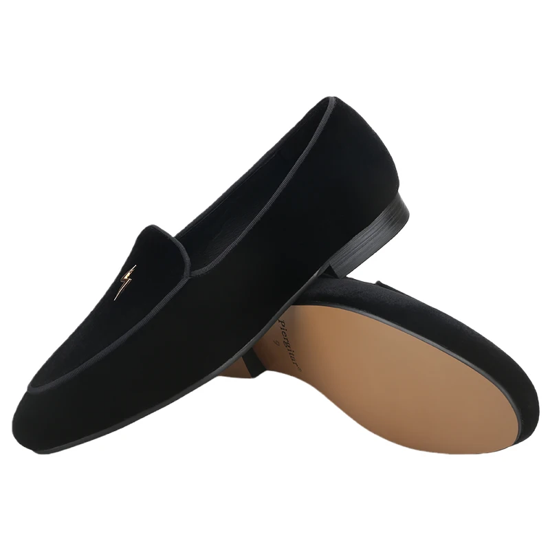 Piergitar Black Color Velvet Men Loafers With Gold Lightning Metal Buckles Handcrafted Smoking Slippers For Wedding Formal Wear