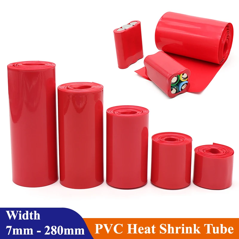 1M~20M 18650 Lipo Battery PVC Heat Shrink Tube Pack 7mm ~ 280mm Insulated Film Wrap Lithium Case Protection Cable Sleeve Red DIY