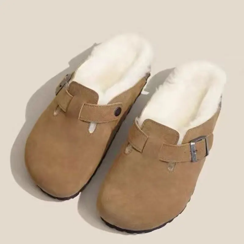 Bebealy Fashion Fur Clogs Slippers For Women Winter Fluffy Cork Insole Plush Slippers With Arch Support Home Furry Suede Mules