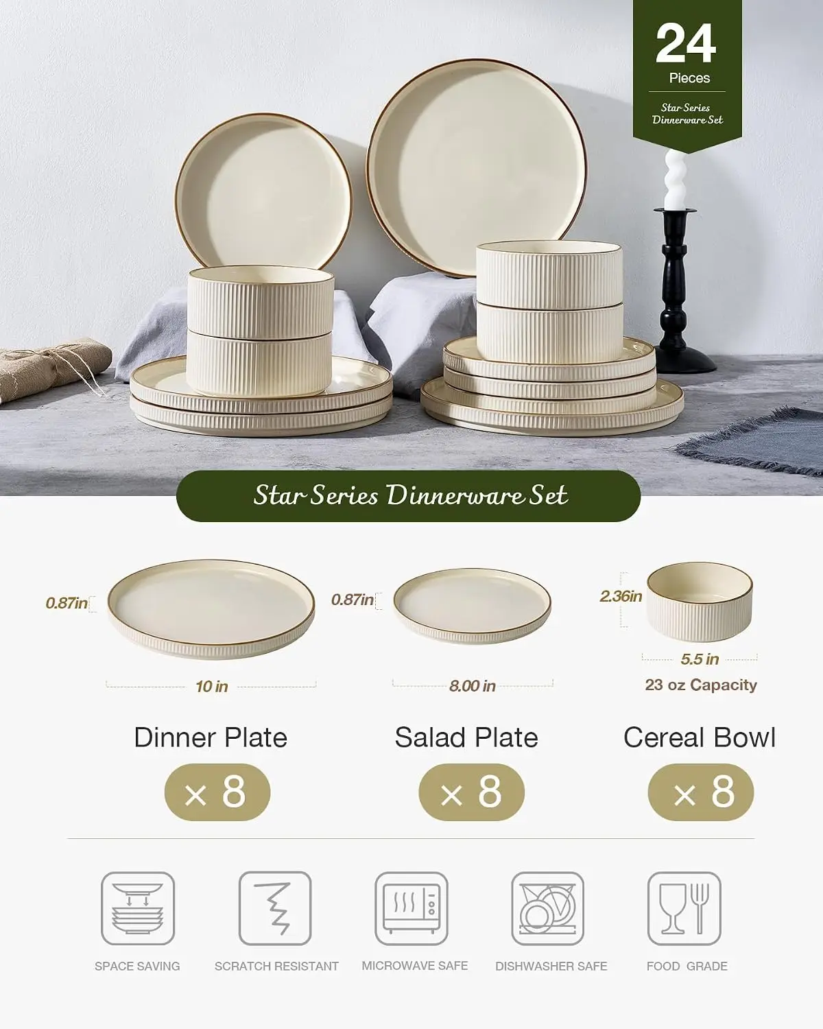 Ceramic Plates and Bowls Sets with Trim, 24pc Ribbed Dishes for 8 | Stoneware Dinnerware, Lipped Edges, Chip & Scratch Resistant view 5