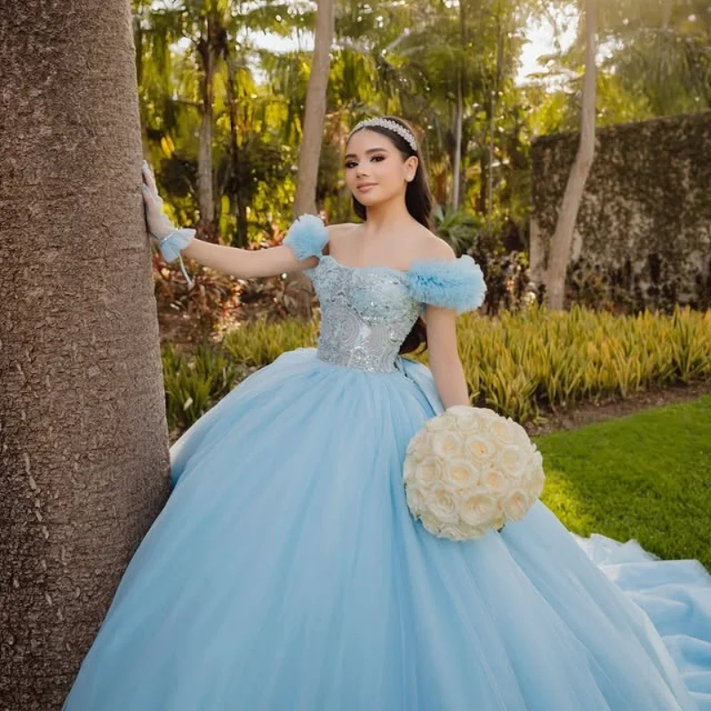 

Light Blue Dresses off-shoulder Crystal Glitter Decal Layering Long tail Bow Vestido De 15 Quinceanera Customize