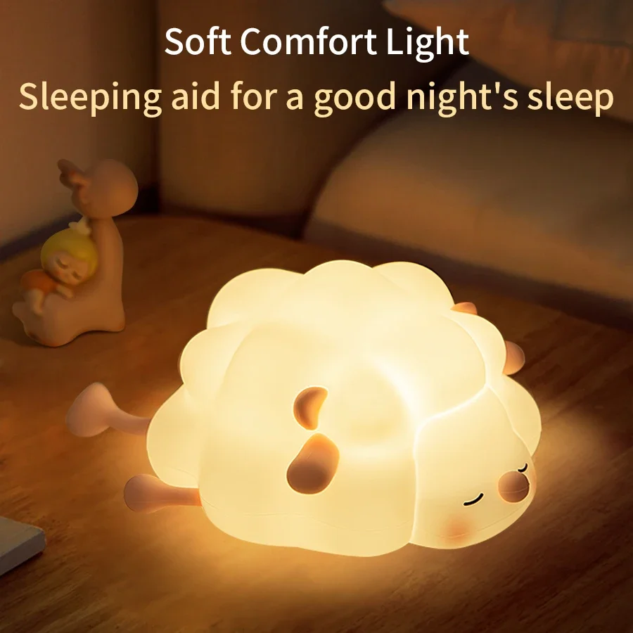 LED Night Lights Cute Sheep Panda Silicone Lamp USB Rechargeable Timing Bedside Room Decor Kids Baby Nightlight Birthday Gift