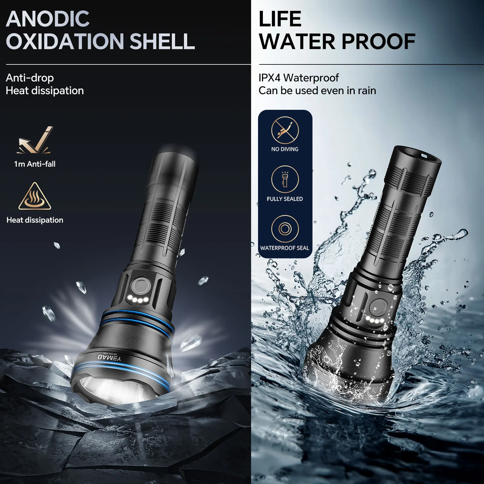 YEMAO 98K 21700 بطارية قابلة للشحن التكتيكية مصباح يدوي USB-C 2800Lm LED الشعلة باك سائق رمي 900 متر IP64 مقاوم للماء