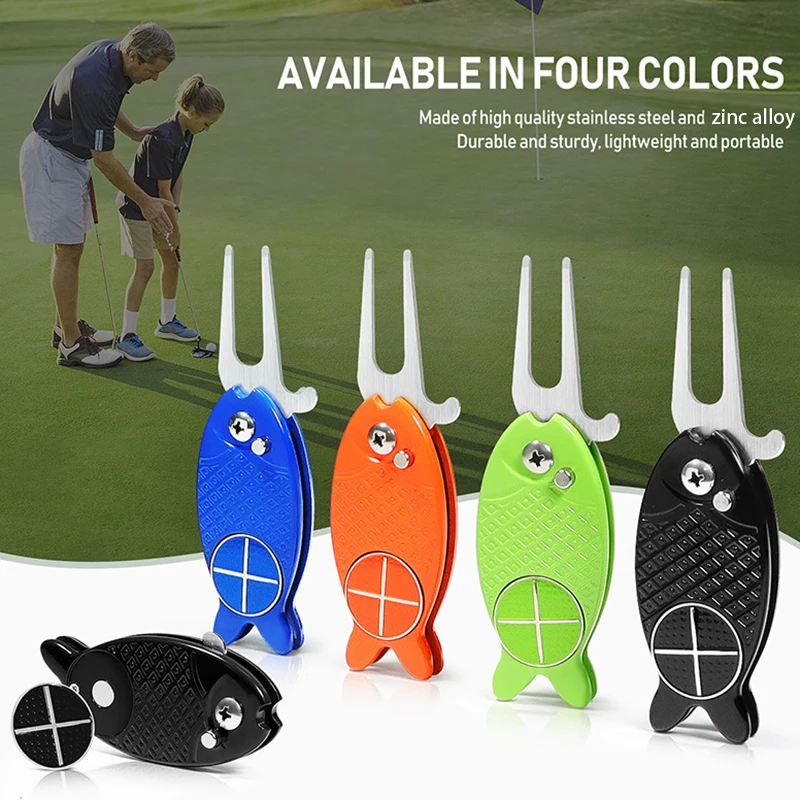 Foldable Golf Divot Repair Tool Built with A Magnetic Ball Marker with Fish Shape Stainless and Zinc Alloy Material for Practice