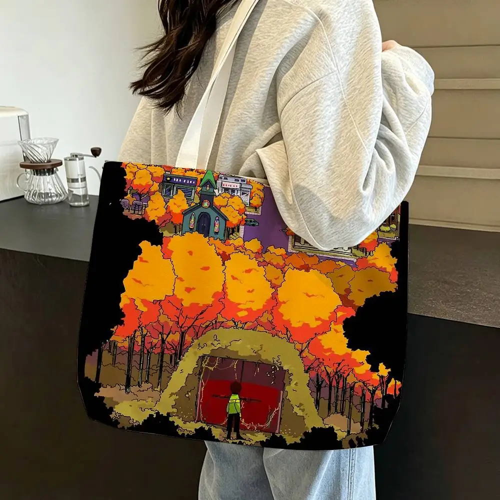 U-Undertale F-Frisk and Yellow Flowey Large Capacity Cotton Polyester Shoulder Tote Bag Zipper Handbag for Shopping Daily