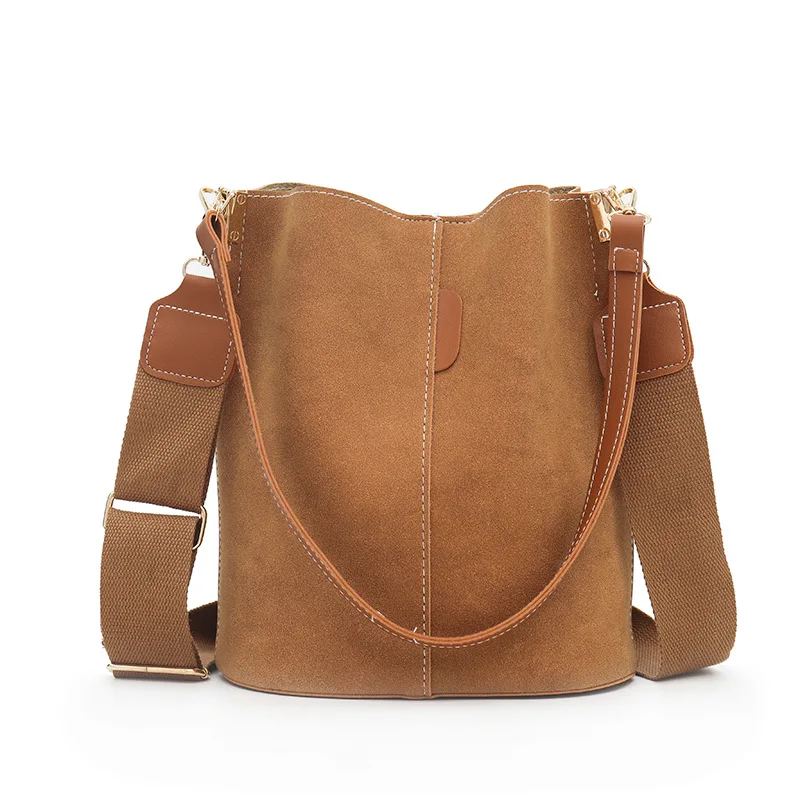 Portable Winter or Autumn Suede Leather Bucket Bag for Women Retro Frosted Fabric Shoulder Bag European Style Big Bag