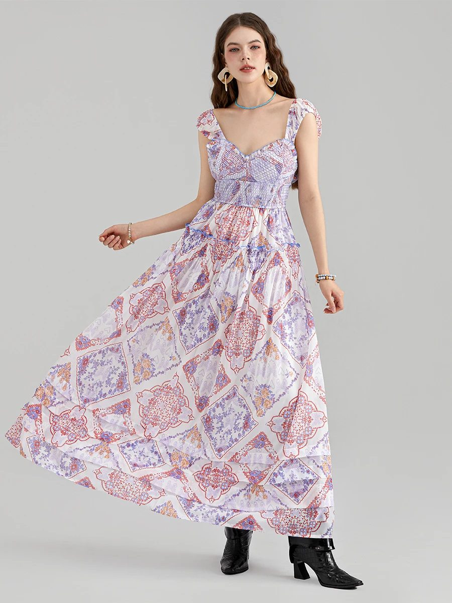 Abito lungo elegante con stampa floreale con spalle scoperte, orlo con volant e vita smockata per invitati al matrimonio o eventi estivi