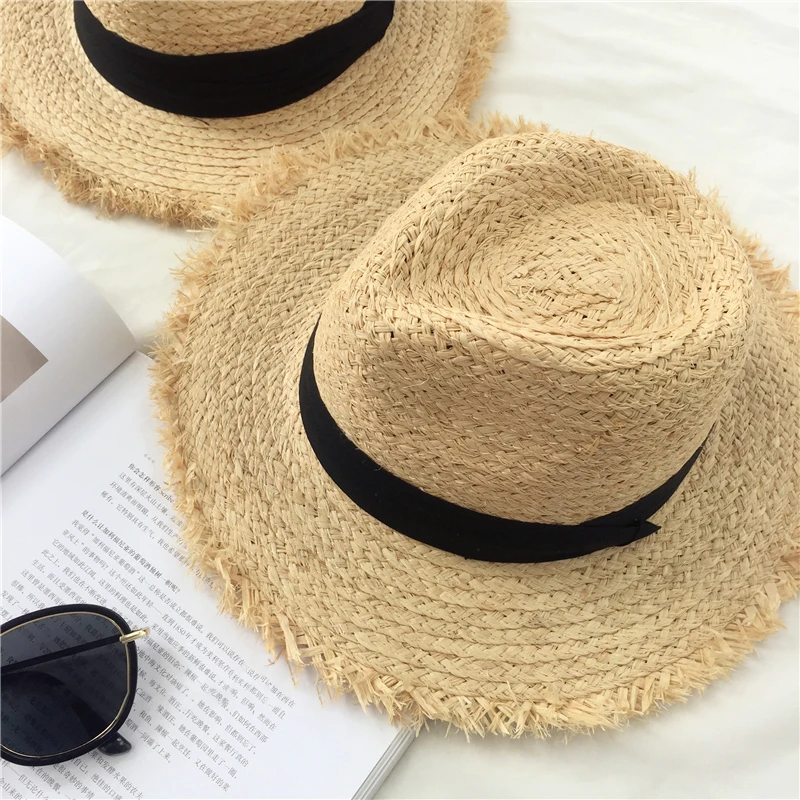 Natural Large Wide Brim floppy hat Raffia jazz Straw Hat Women Summer Fringe Beach Cap hand Weave sun Hat wholesale  beach hat