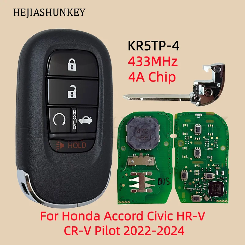 Télécommande à 5 boutons 433 MHz avec puce 4A pour Honda Accord Civic HR-V CR-V Pilot 2022 - 2024 (références KR5TP-4, 72147-T20-A11, A3C0775510100)