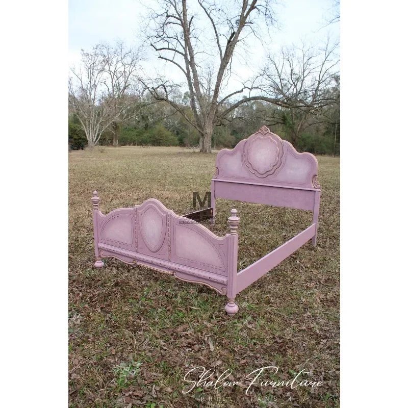 French retro romantic solid wood bed old pink princess bed American country engraved custom bedroom double bed