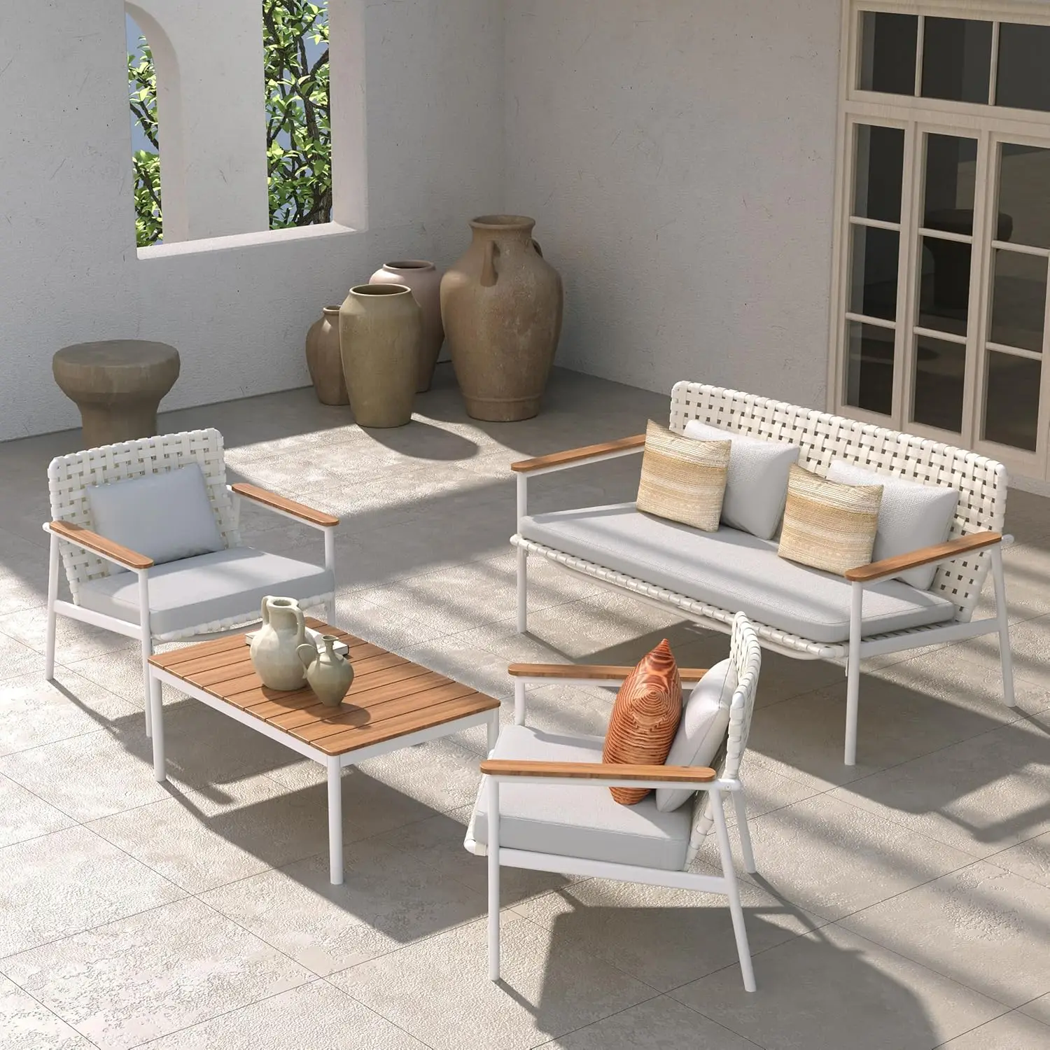 

4-Piece Oversized Aluminum Patio Furniture Set, Extra Wide Wicker Sofa Set with E-Coated Faux Wood Grain Coffee, Customized