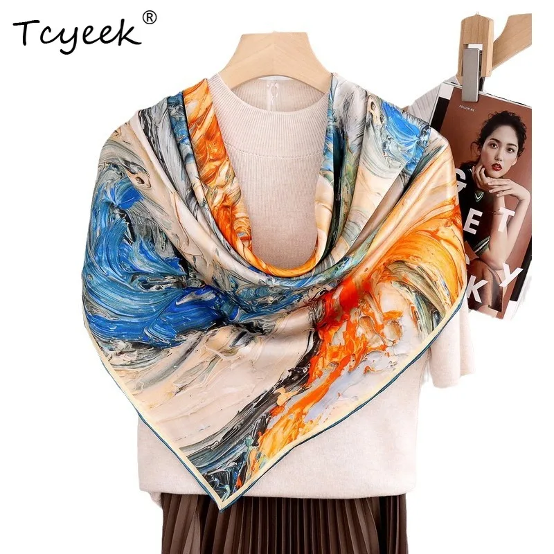 

Tcyeek, 100%Real Slik Elegant Kerchief, 110cm Women Oil Painting, Mom Gifts Retro Chic Scarves, 2024 Summer Autumn A47626QC