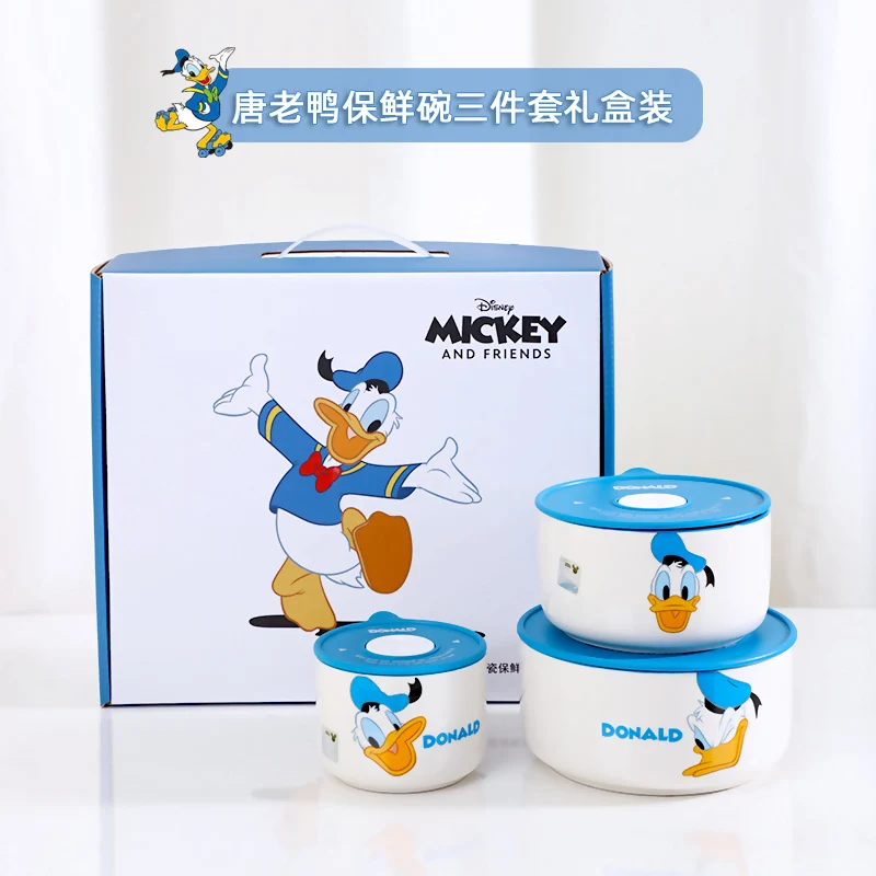 Disney Anime Mickey Mouse Minnie Cartoon Tableware Ceramic Bowl With Lid Microwave Oven Soup Bowl 3pcs Student Thicken Lunch Box