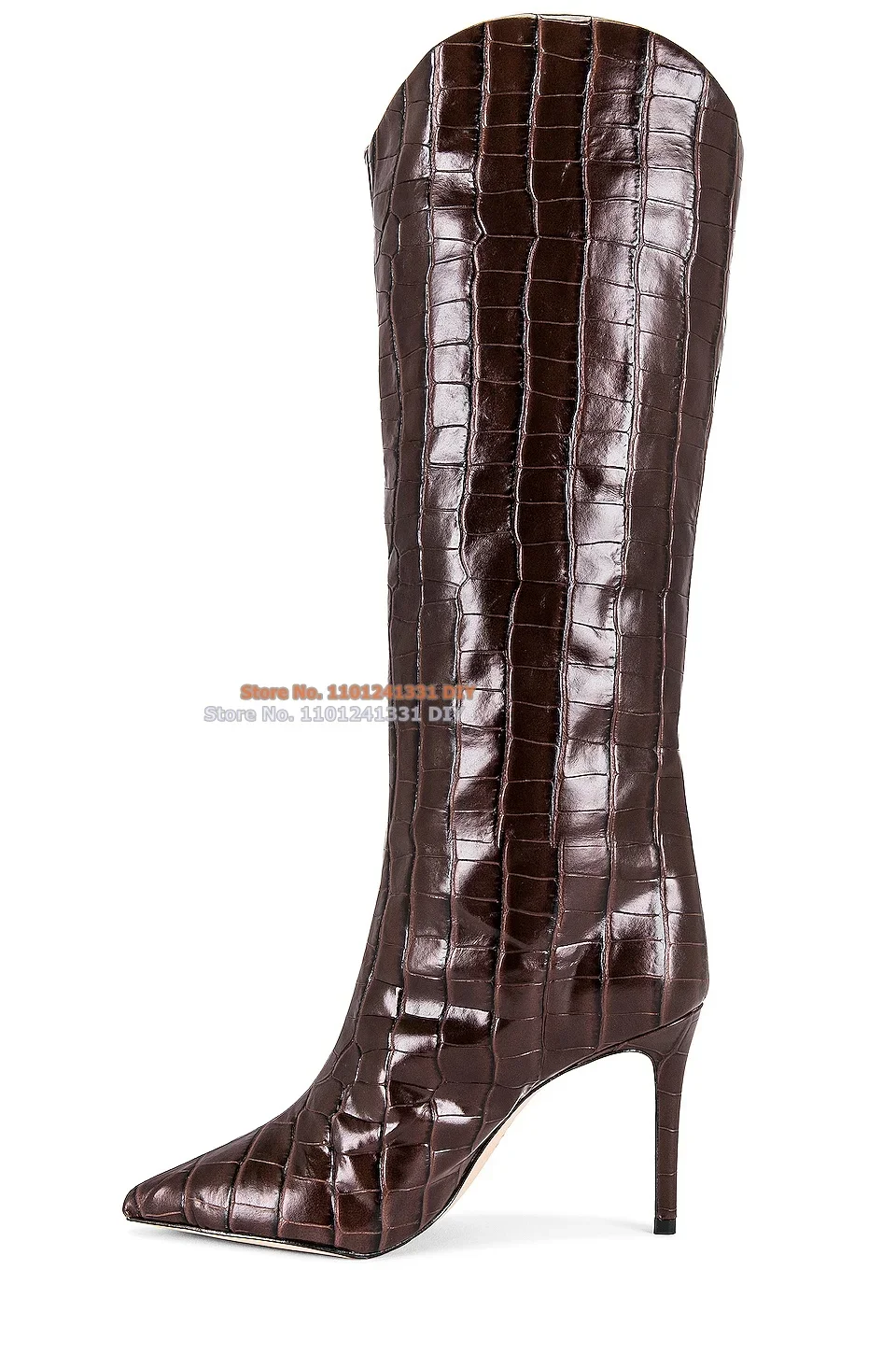 Chocolate Brown Alligator Printed Pattern Thin High Heel Leather Knee High Boot Women Winter Long Boots Plus Size 35-45