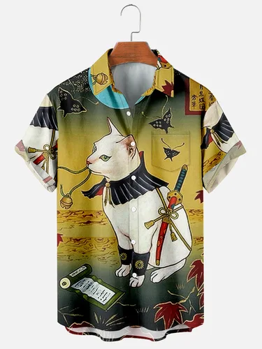 Imagen 2 del producto 2021 tendencia de los hombres Casual Harajuku estilo Retro japonés Primavera/Verano camisa de manga corta diseño de bolsillo en el pecho botones de moda 1