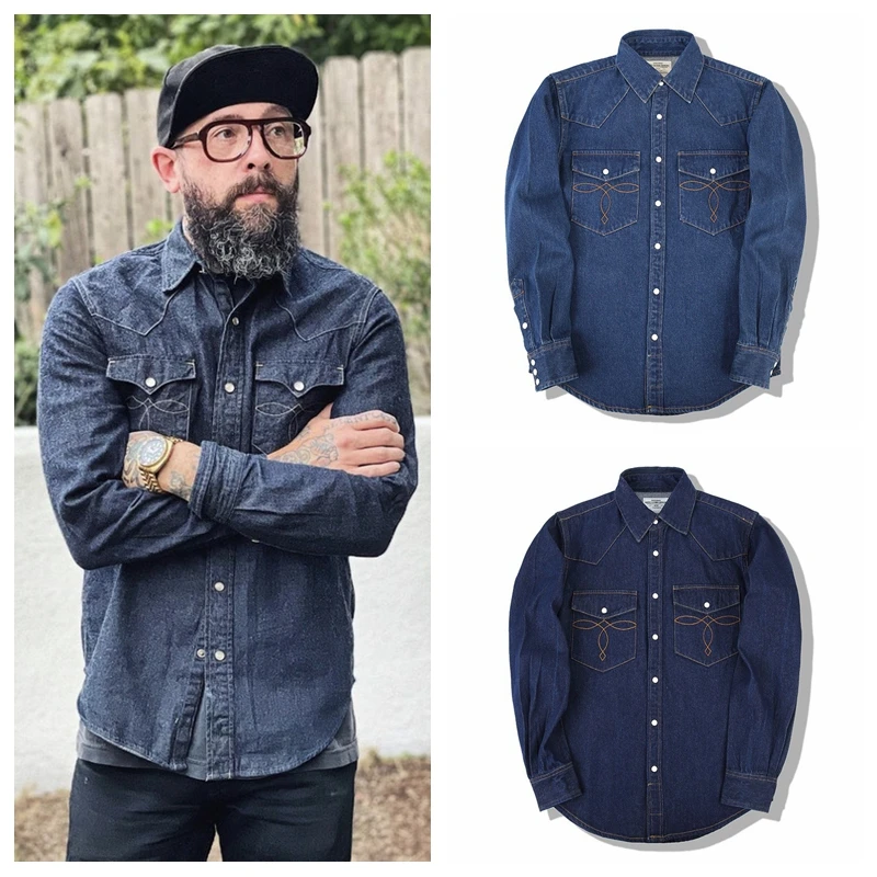 

Мужская джинсовая рубашка в стиле ретро с вышивкой, плотная, 0 унций, из американского денима, оригинального цвета, хлопковая, с длинным рукавом, износостойкая