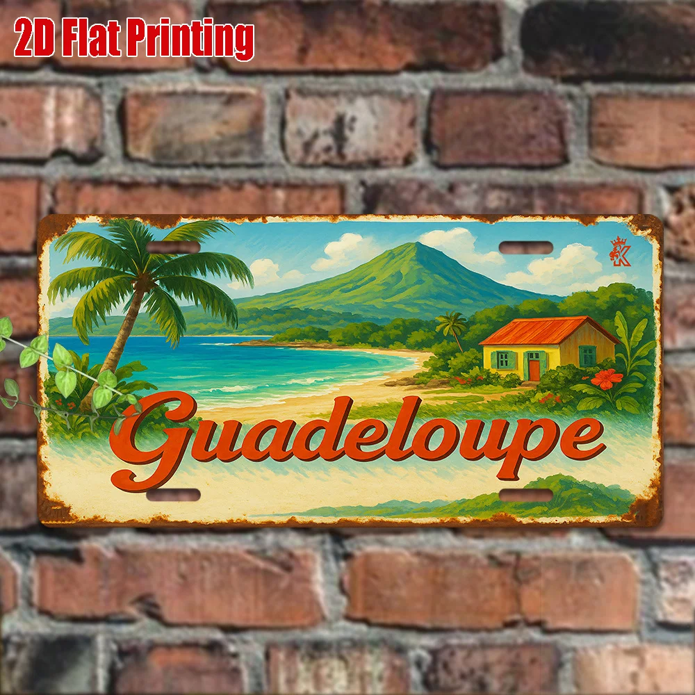 [JIT] 2D Flat, Vintage Guadeloupe Metal Plates - 2D Flat Print, 11, 8x5, 9 Inches, Tropical Beach and Mountain Views, Aluminum W