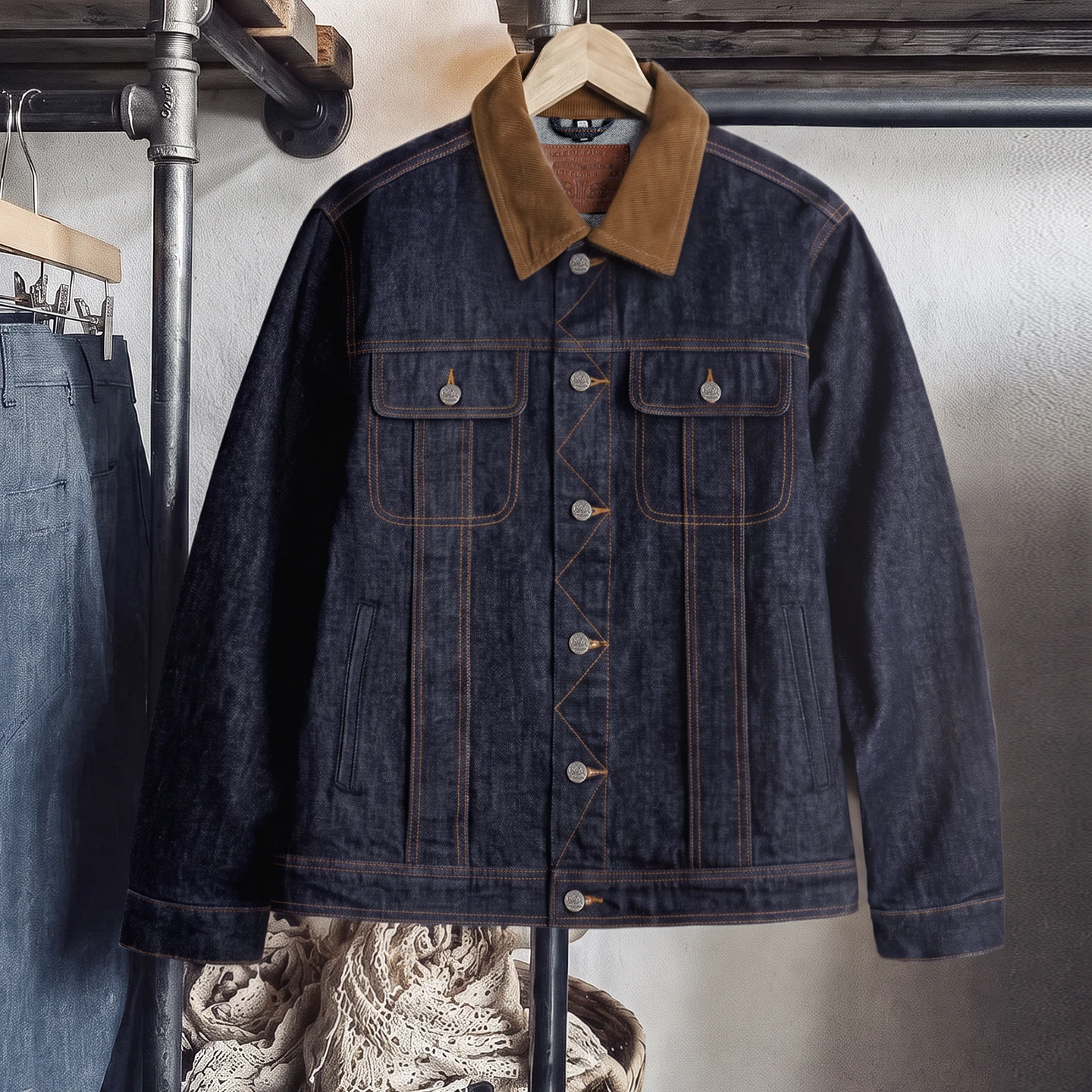Maden Men's Denim Jacket Trucker Jacket Corduroy Collar Oversized Fit Heavyweight Washed Denim Workwear Coat Casual Fall