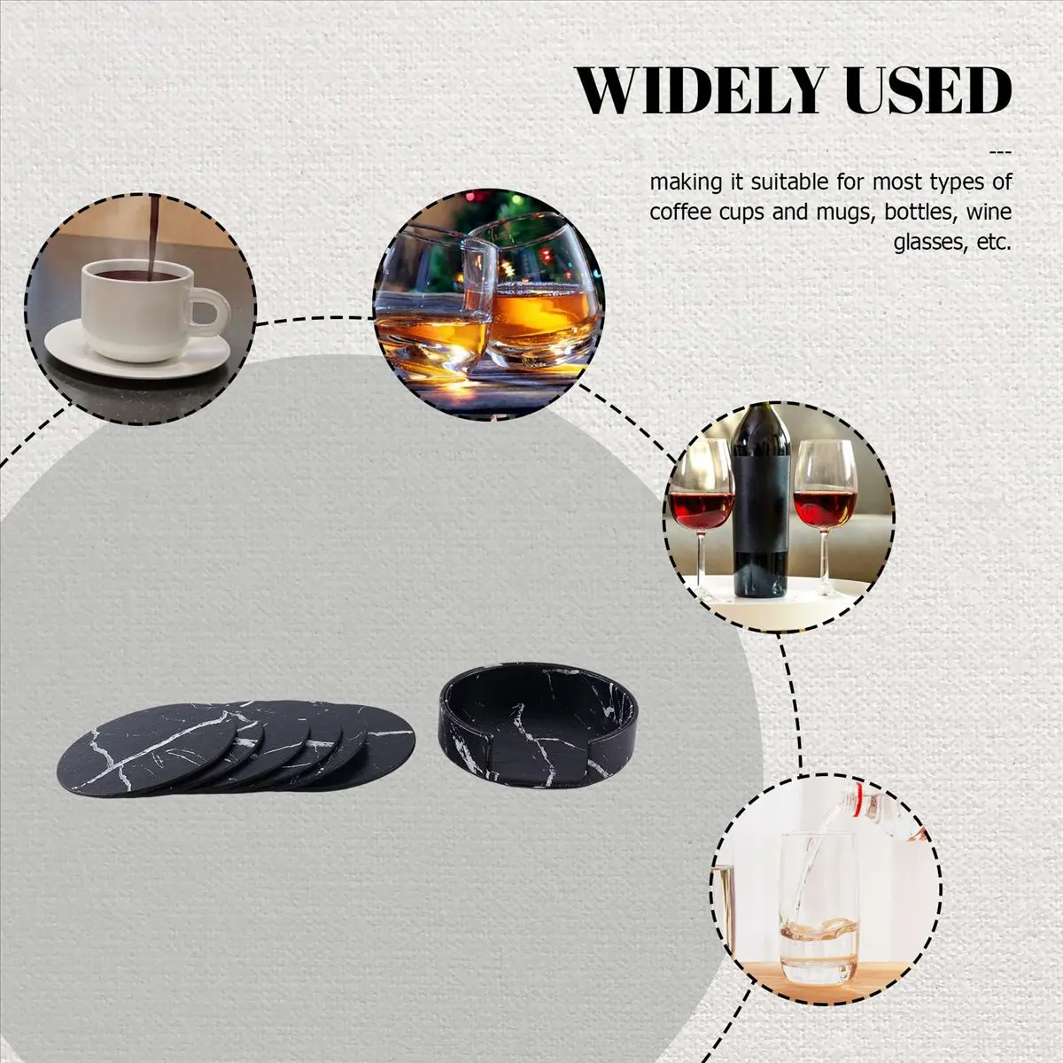 ABYA Coasters for Drinks 6-Piece with Holder,Black Round Cup Mat Pad Set Of Use
