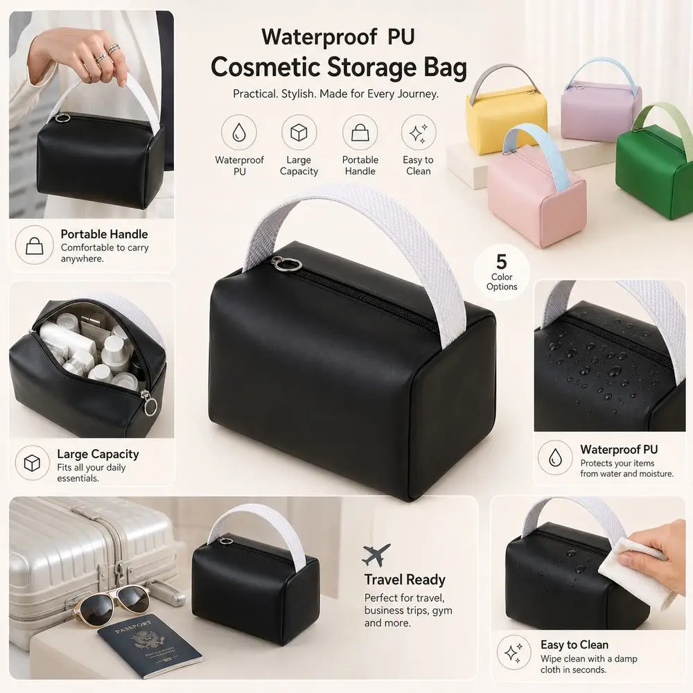 Portable PU Toiletry Bag Square Shape Large Capacity Makeup Bag Waterproof Easy to Clean Cosmetic Case Travel