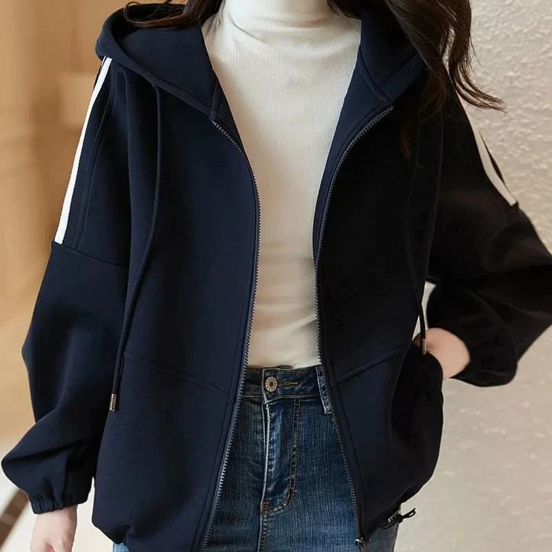 

Женская повседневная спортивная куртка с капюшоном на молнии, карманами и длинными рукавами, свободная посадка для весенне-осенней одежды