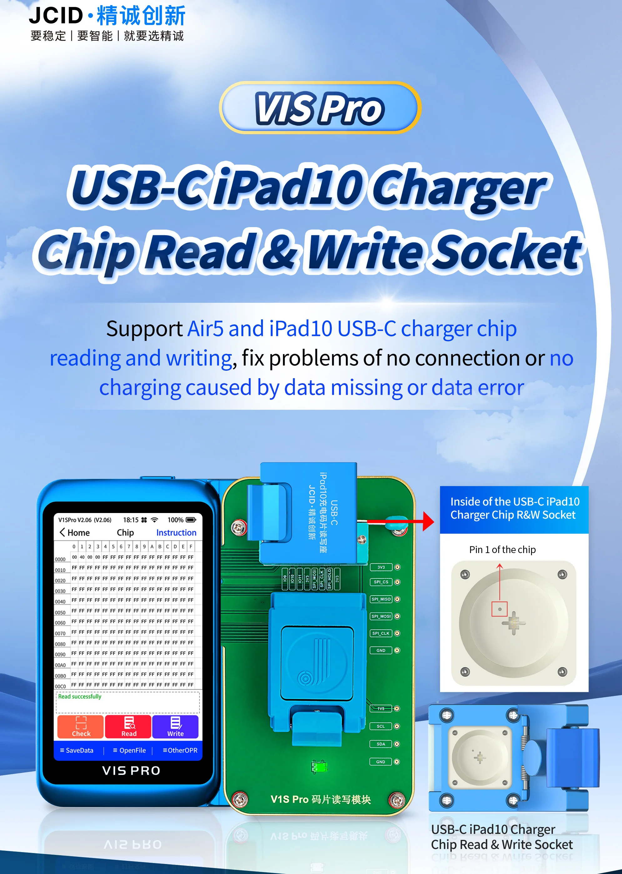 JC V1S Pro EEPROM IC Chip Lettura Modulo di scrittura USB-C iPad10 Chip caricabatterie Presa R&W per iPhone 6-15PM /iPad 10 Air5 Nessun smantellamento