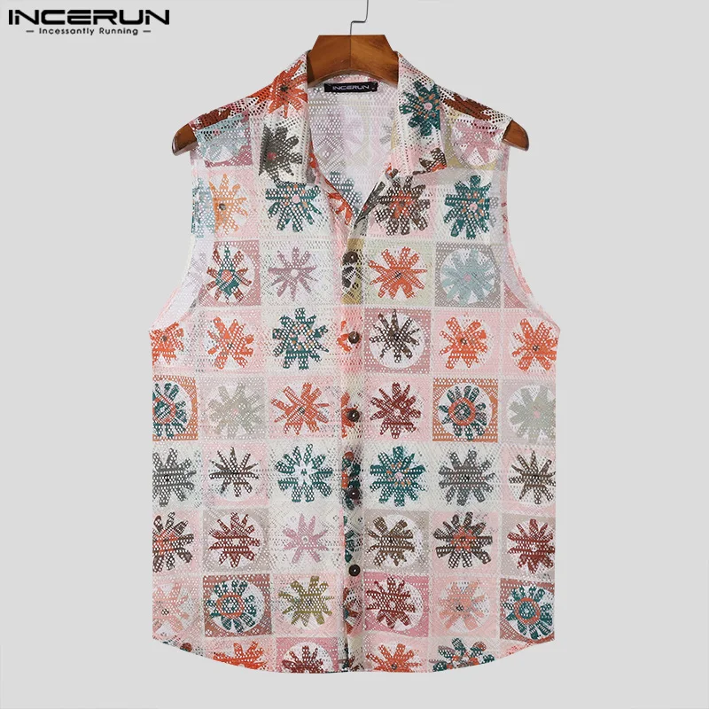 INCERUN Men Shirt Printing Lapel Sleeveless Hollow Out See Through Camisas Streetwear Summer 2024 Fashion Casual Men Clothing