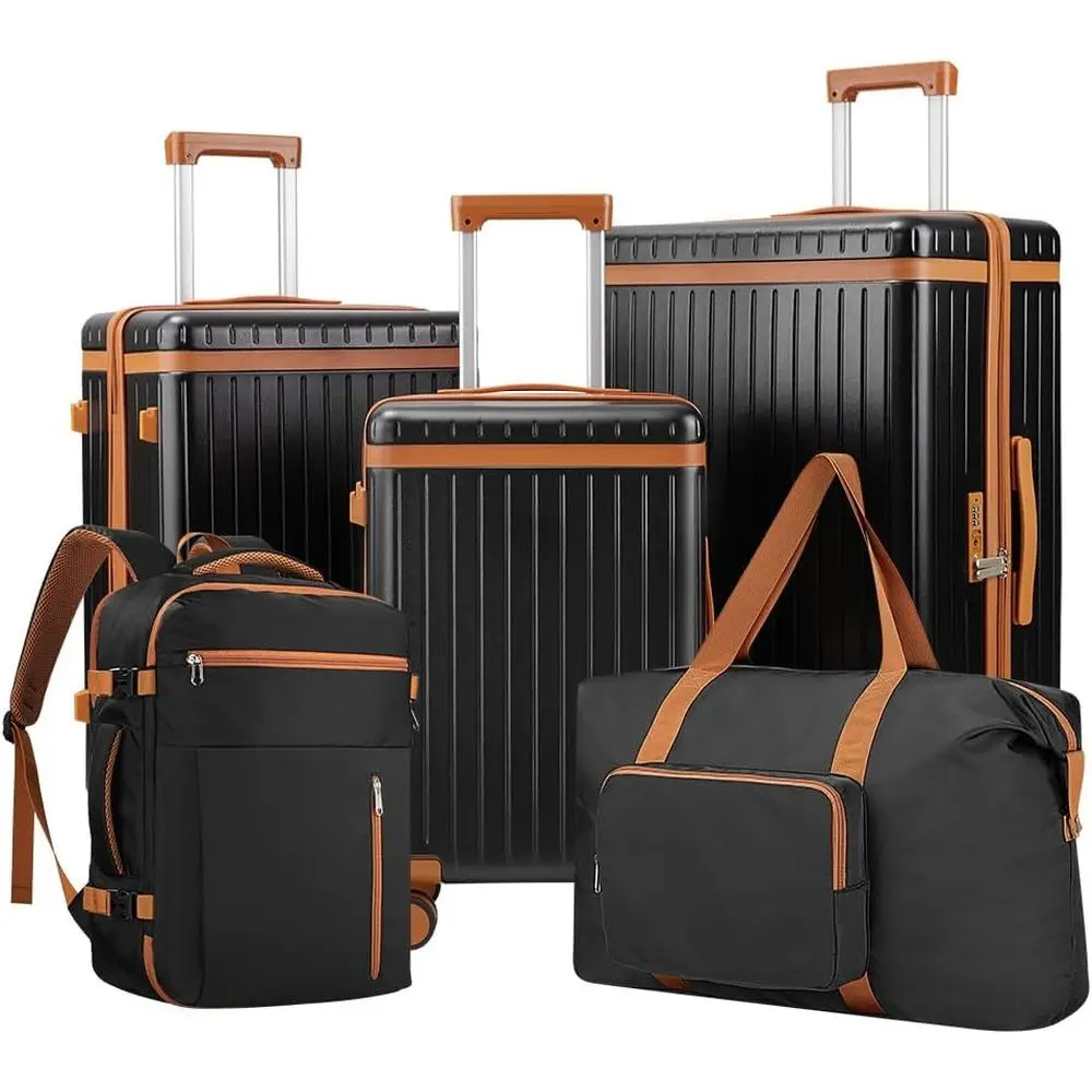 Black Brown 5 Piece Hardshell Luggage Set With Backpack Durable Spinner Wheels TSA Lock Travel Suitcase Kit