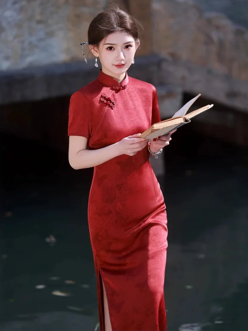 

Весна/Лето 202, новое красное жаккардовое двухслойное длинное женское свадебное платье Cheongsam с восемью пуговицами