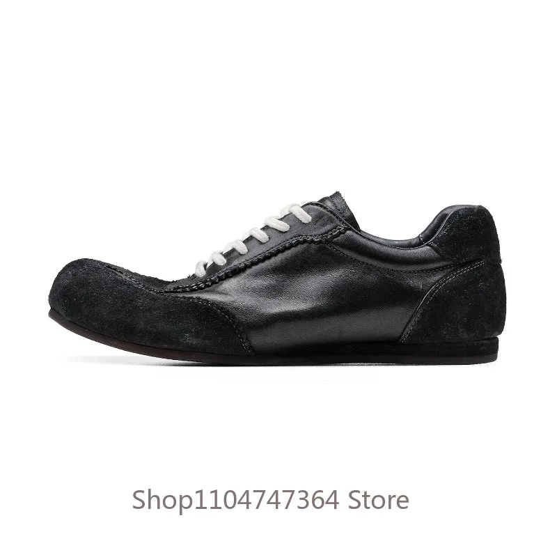 High-end Genuine Leather Casual Shoes Men's Retro Washed Black Horsehide Handmade Stitching Low Top Lace‑up Boxing Sneakers Male