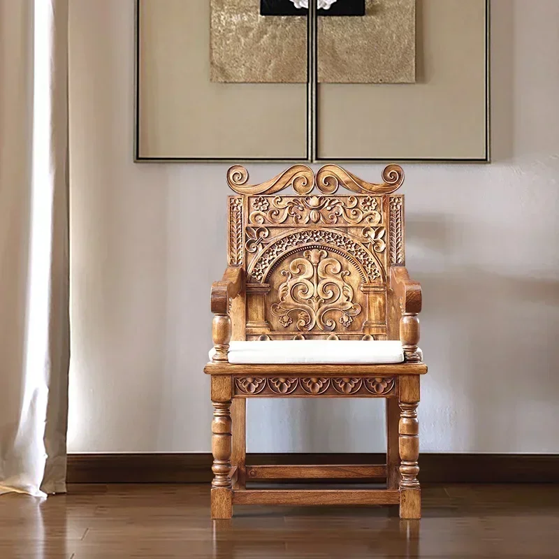 Thai ash wood carving flower chair, Chinese South East Asia style stool back chair furniture dining chair