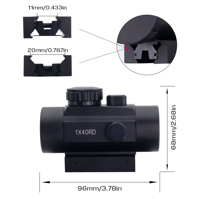 1x40RD Optics Red and Green Dot Sight Scope with Flip Up Lens Cover for 20mm/11mm Rail Mount view 3