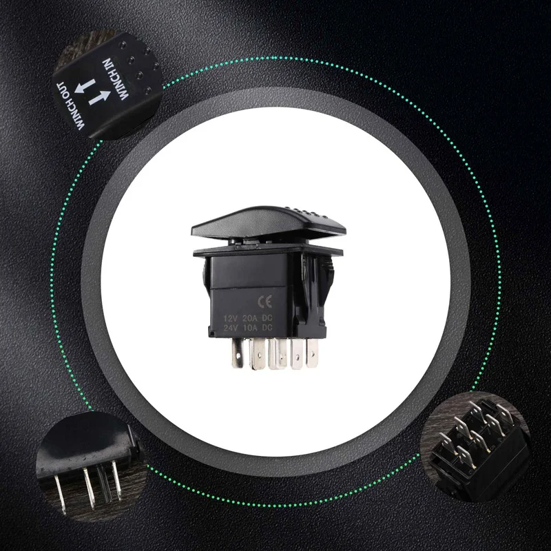 NEW 12V 20A Winch In Winch Out ON-OFF-ON Rocker Switch 7 Pin LED Green