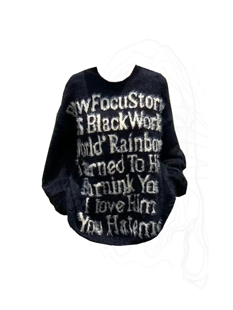 

2023 Autumn Winter Black Cashmere Top Solid Simple Letter Print Knitwear Jumper O-Neck Long Sleeve Pullover Oversized Y2k Gothic