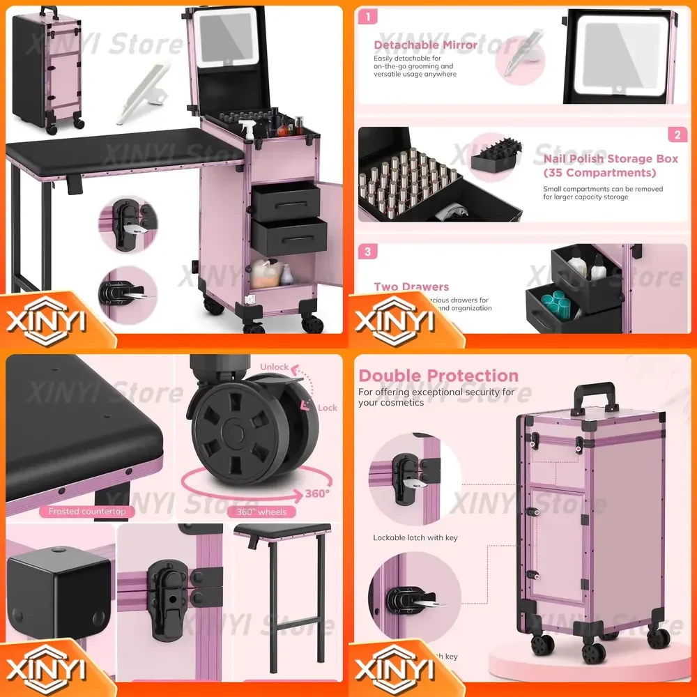 Rolling Portable Folding Nail Enhancement Table with 2 Drawers Mirror Nail Polish Holder Lockable Cosmetic Train Box for