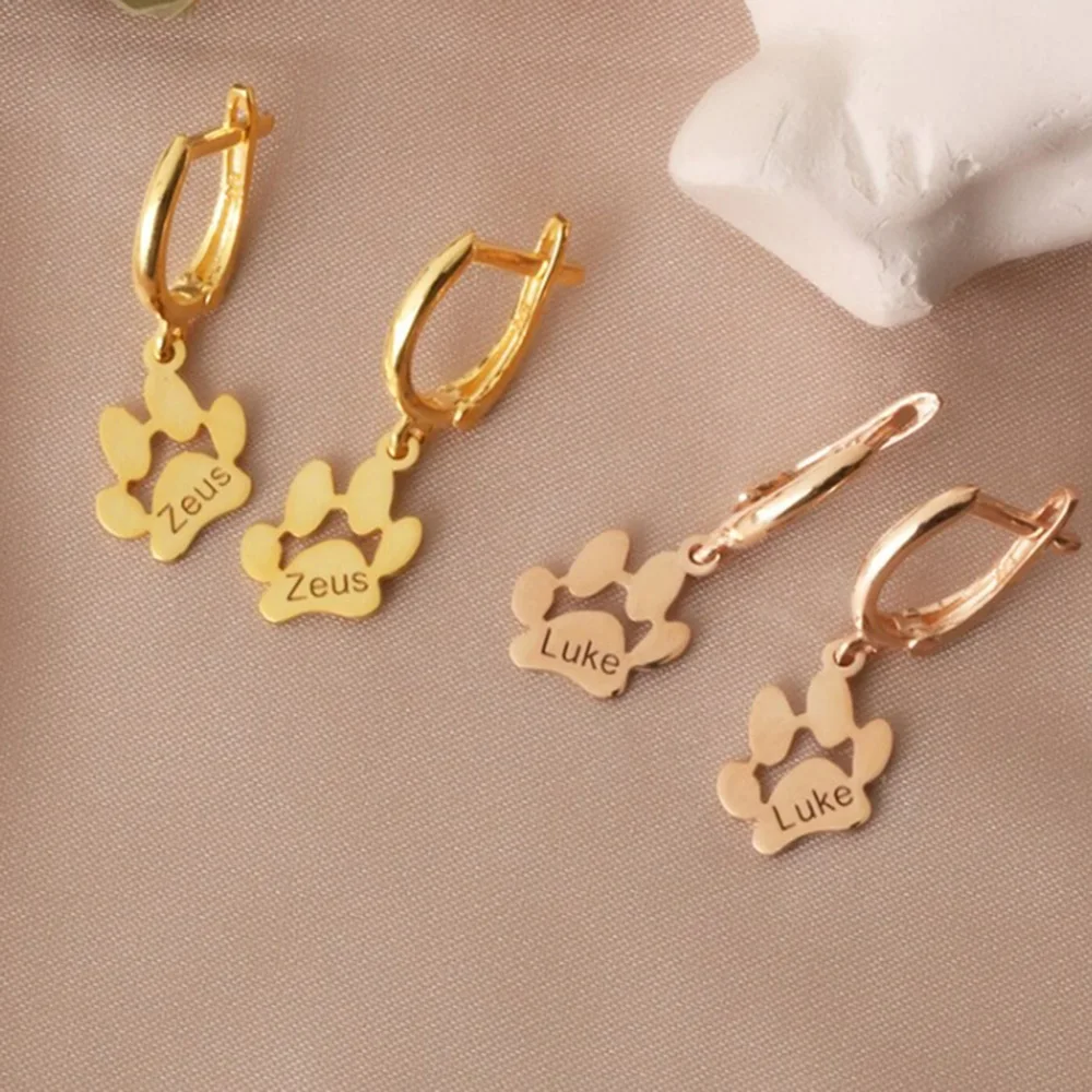 Customized Dog Footprint Earrings with Laser Engraved Names for Personalized Stainless Steel Gifts