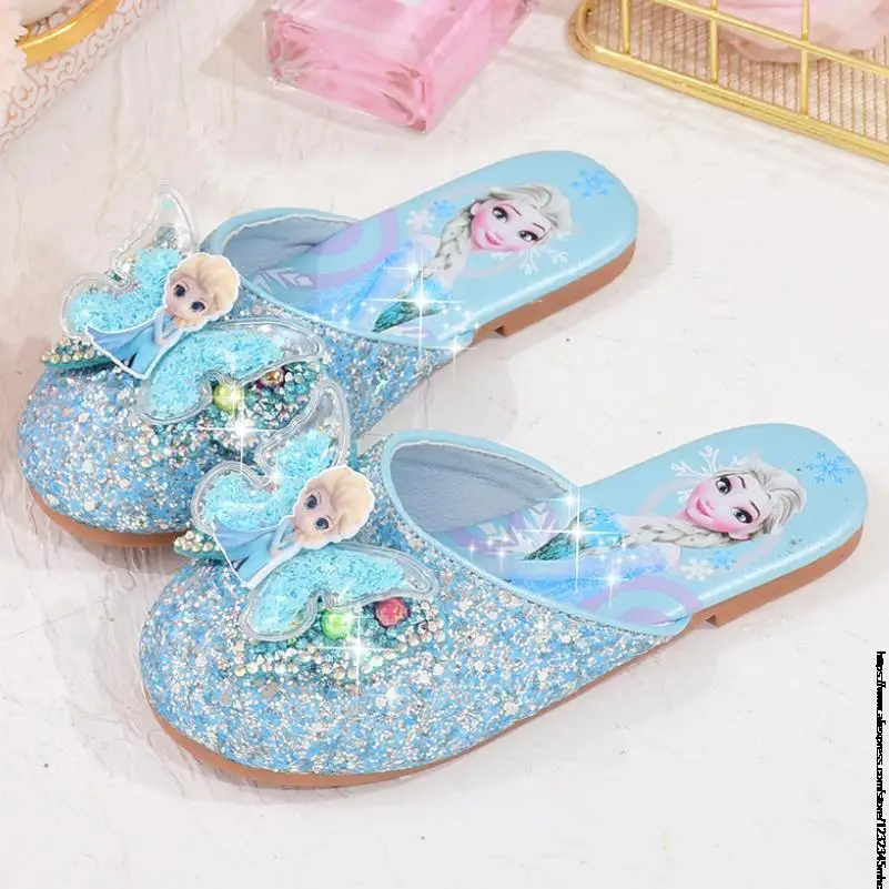 Disney Girls Shoes Butterfly Knot Frozen Elsa Flat-Heel Shiny Crystal Shoes Kids Leather Slippers Children\'s Single Shoes 25-36