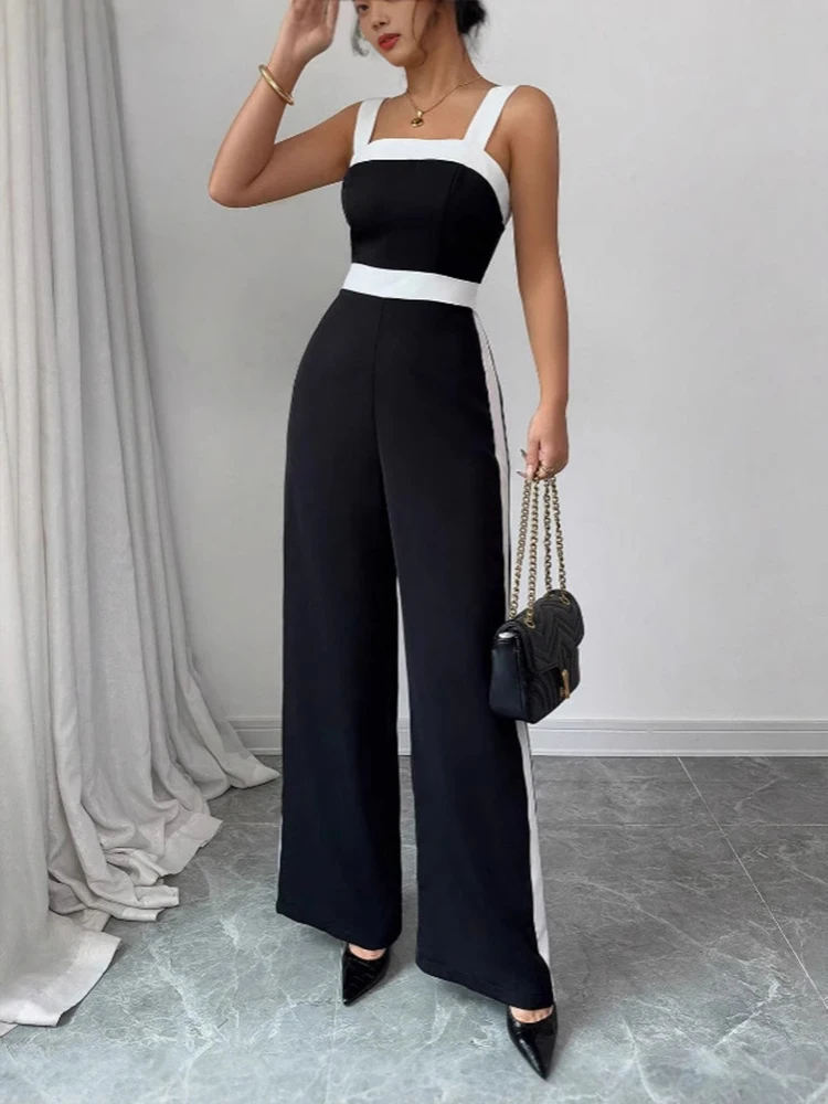 Women's Black White Jumpsuit Square Neck Contrast Trim Ideal for Evening Events Parties Elegant Styles