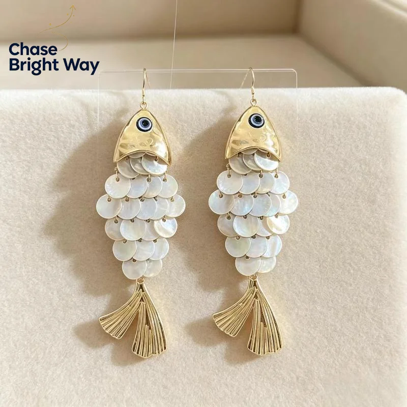 Blue Sense Fish Earrings Multi Layer Shell Scaly Tassel Dangle Lightweight Jewelry for Girls Daily Outing Vacation Gift