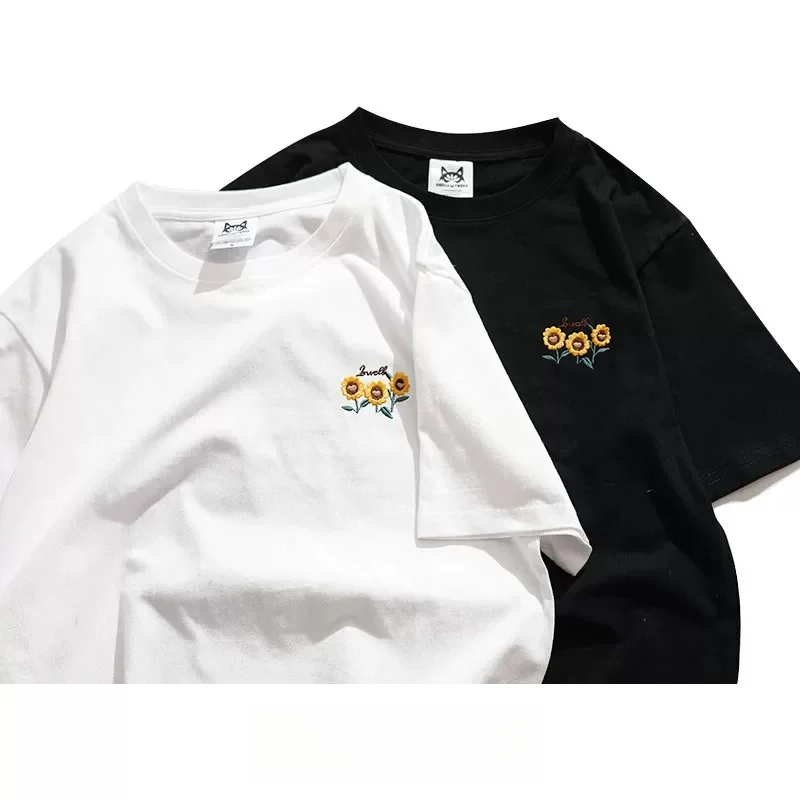 Men Women Harajuku Sunflower Embroidery T-Shirt Unisex Couple Tee Korean Loose Fit 100% Cotton Short Sleeve Aesthetic Top