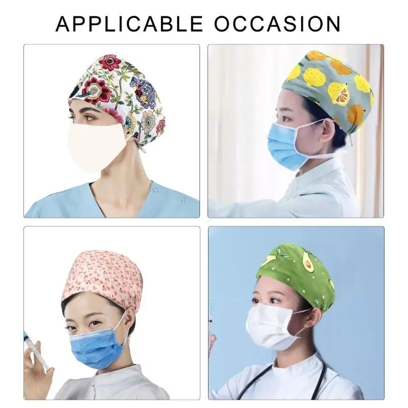 A52E 우아한 프린트 모자 닥터 모자 코튼 스웨트밴드 모자 유니섹스 스크럽 병원 모자