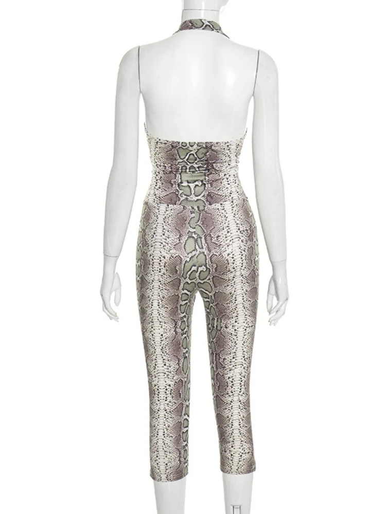 SsTss Damen-Overall, sexy, ärmellos, Schlangenmuster, Neckholder, modisch, V-Ausschnitt, rückenfrei, schmale Passform, figurbetont, sieben Punkte, einteiliger Overall