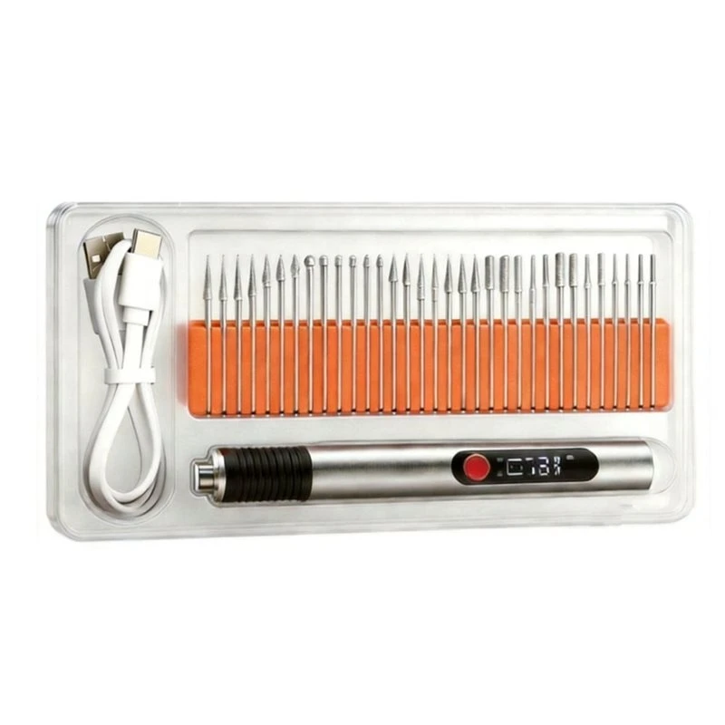 ABHI-Engraving Pen With LED Light, Rechargeable Rotary Tool Kit Including 30 Diamond-Bit Tips For Wood, Glass Metal