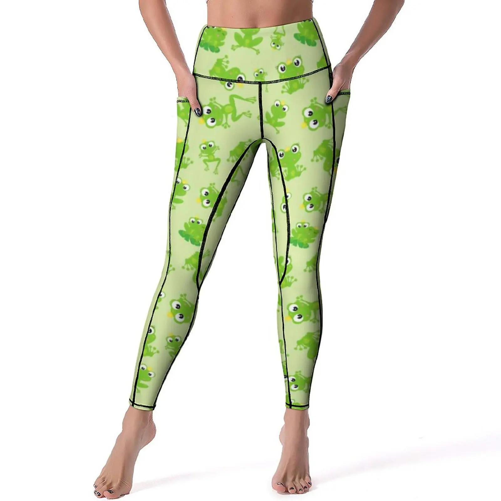 Pantalon de yoga taille haute avec poches, motif prince grenouille, leggings de dessin animé vert Kawaii, collants de sport sexy, nouveauté commandée